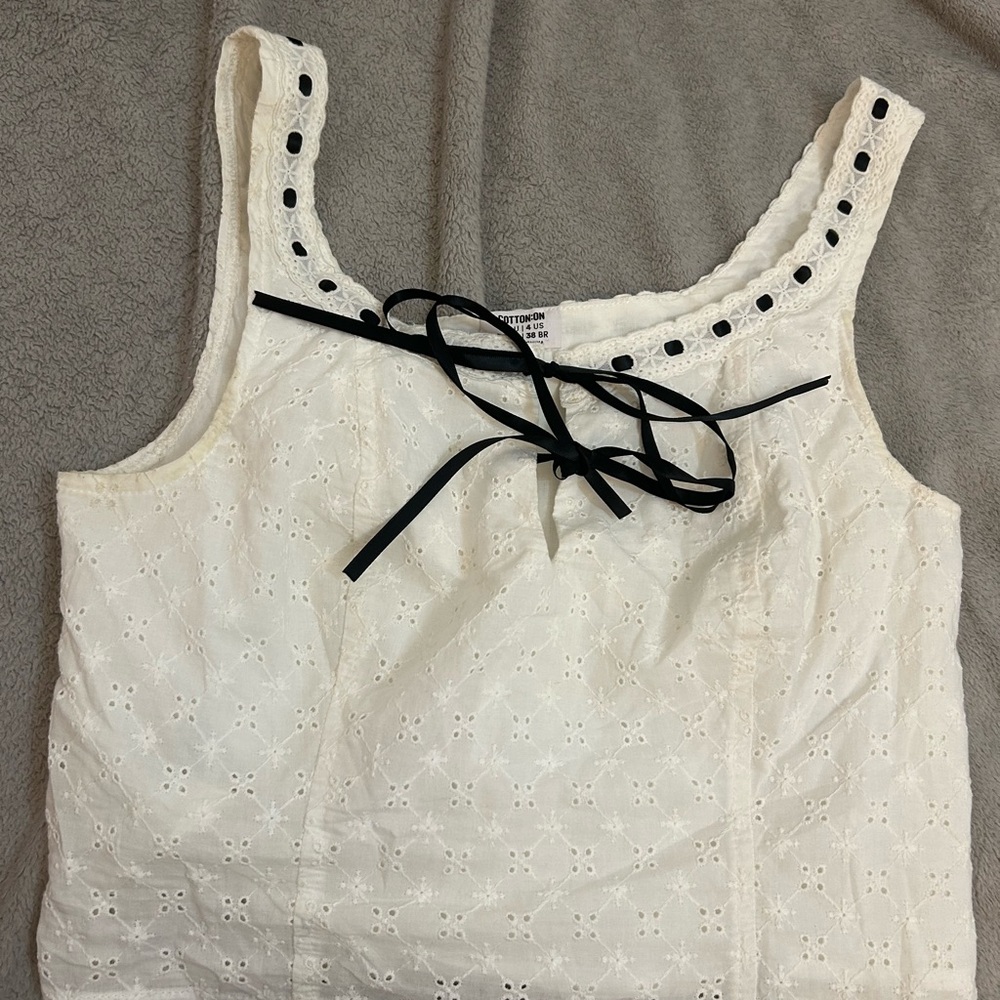 Cotton On White Eyelet Tank Top with Black Ribbon